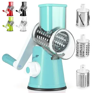Dreamhigh® Käsereibe mit Kurbel, Gemüseschneider mit 3 Edelstahl Austauschbaren Trommelklingen, Manuelle Trommelreibe, Gemüsehobel, Starke Saugwirkung, Ideal für Gurken, Käse, Nüsse, Karotten, Blau