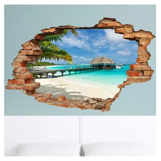 Sticker 3D Effekt | Wandaufkleber Palmen und Bungalow - Tapete Dekoration optische Täuschung Raum und Wohnzimmer | 60 x 90 cm