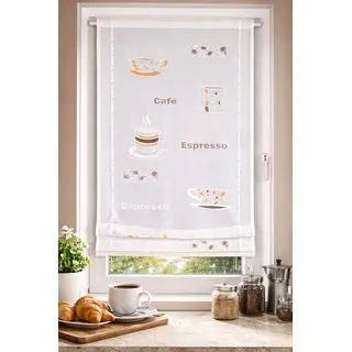 KAMACA Raffgardine Bändchenrollo Weiße Küchengardine Halbtransparenter Faltstore Scheibengardine mit handgesprühten Kaffee - Motiven Raffrollo Küche Esszimmer (Bändchen – Rollo Cafe 60x120 cm)