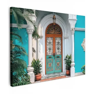 OnlyWow© Gartenbild 80x60 cm Outdoor Leinwand Terrasse Decoration Wanddeko Gartendeko Wetterfest Geschenk Wanddekoration Draußen Säulen - Dekorativ - Tür - Blau