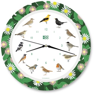 KOOKOO Singvögel Flower Planet, Quarzwerk, Die Singende Vogeluhr, ist eine Uhr mit 12 heimischen Singvögeln und echten, natürlichen Vogelstimmen, 34cm