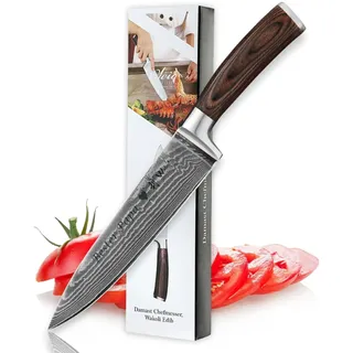 Wakoli EDIB Damast Chefmesser mit Gravur – Personalisiertes Messer, 20 cm Klinge aus 67 Lagen Damaststahl (VG10-Kern), Pakkaholzgriff – Scharfes Küchenmesser Geschenk, Geschenkverpackung