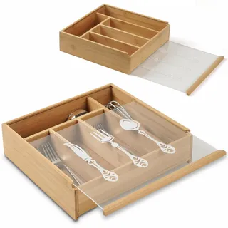 WPAJIRZO Besteckkasten mit Deckel, Besteckkiste 5 Fächer Holzbox Utensilienhalter Slide-Deckel für Schublade/Tisch, Holz Besteckeinsatz für Küche Camping Grillparty, Besteck Aufbewahrungsbox