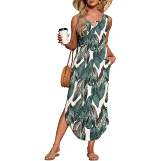 AUSELILY Strandkleid Sommer Damen Lang Maxikleid Ärmellos Schlitz Hawaii Boho Freizeitkleid Leicht Mit Taschen Blatt Druck S - S
