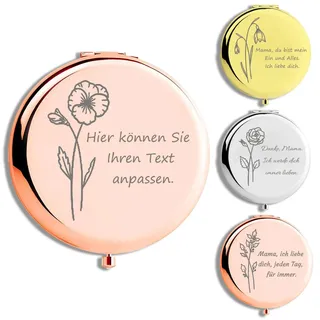 RSQGT Personalisierter Taschenspiegel Klappbar mit Geburtsblumen - Doppelseitiger Kompaktspiegel mit Gravur, Individuelles Geschenk für Tochter, Freundin & Frau zum Geburtstag (Silber)