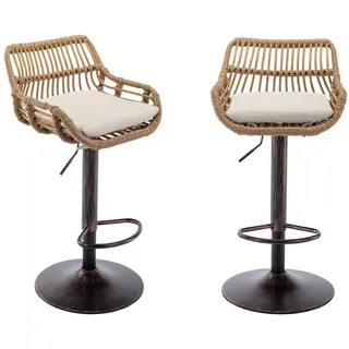SeedWave Barhocker mit Goldbasis, höhenverstellbar (89-109 cm), 360° Schwenkmechanismus, 2 er Set, Leinenstoff, PE-Rattan, robuster Stahlrahmen beige