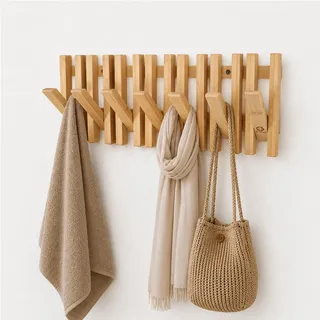 Coral® - Garderobenhaken aus 100% Bambus-Holz mit 7 Haken (klappbar) - Kleiderhaken & Garderobenleiste für die Wand - Wandhaken für Kleidung & Jacken - Garderoben-Paneele & Haken zum Einhängen