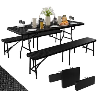 24move 24MOVE® Bierzeltgarnitur 3-teiliges Set Klappbarer Tisch und 2 Bänke aus Rattan, wetterfeste Gartengarnitur für drinnen & draußen