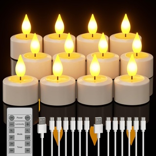 Yme Wiederaufladbare LED Teelichter mit Fernbedienung und Timer, 12 Stück LED Kerzen Flackernde mit Timerfunktion und USB C Ladekabeln für Wohnzimmer Zimmer Halloween Weihnachten Party Deko