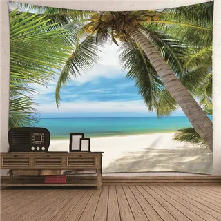 Musihy Tapisserie Blau,Wandbehang Zum Aufhängen Polyester Wandteppich Grün Wandteppich Natur Meer Kokospalmen Strand Himmel Wanddeko Schlafzimmer (150x130cm)