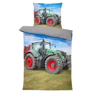 One Home Bettwäsche Traktor, Mikrofaser, 2 teilig, Trecker Landmaschinen, auch geeignet als Kinderbettwäsche grau