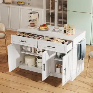 FammyLoft Kücheninsel mit Steckdosen, Küchenschrank mit Verstellbare Einlegeböden, Küchenkommode Freistehend mit Schubladen, Geeignet für Wohnungen, Küchen und ähnliche Räume, Handtuchhalter, Weiß