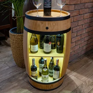 Holzfass Hausbar mit LED-Leuchten - Weinschrank im Retro Stil - Weinregal - Weinbar - Fass Bar - Weinfass Bar - Weinregal Holz - Minibar - Holzbar ... - Hellbraun