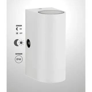 TRANGO LED Außen-Wandleuchte, Helligkeitssensor, 8012-RSWL LED Up & Down IP44 Außenwandleuchte aus Aluminium, Wandstrahler modern in RUND Weiß mit Dämmerungssensor (automatische Tag & Nacht-Schaltung) außen & innen Wandlampe, Außenlampe, inkl. 2x 5 Watt warmweiß GU10 LED Leuchtmittel weiß