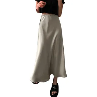 HHB18I Seiden-Maxirock für Damen, zierlicher Sommer, Satin, Seide, hohe Taille, Rüschen, A-Linie, lang, Maxirock, Tulpen, Satin-Rock für Strandkleidung, Abendparty, Abschlussball, Empfang, Urlaub, - S