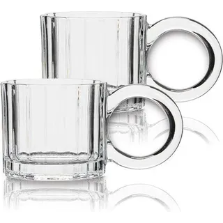 Famanu Espressotassen Set aus 2 Vintage Glastassen mit Henkel - 250 ml - für Cappuccino und Latte - Vertikale Streifen
