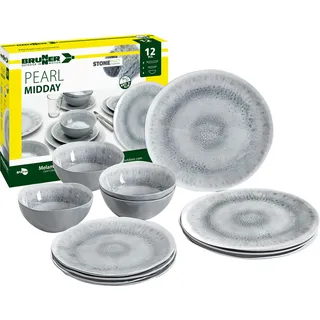 BRUNNER Camping-Geschirr-Set Melamin 2-4 Personen | 12-Teilig - Teller & Schüsseln | Midday Pearl - Für Wohnmobil, Wohnwagen & Boot - Bruchfest, Leicht & Anti-Slip