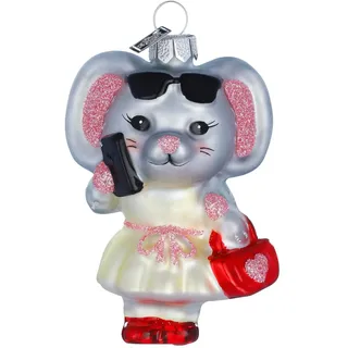 Holly & Jolly 1 Christbaumschmuck Glas 8,5cm Insta Maus Figur Weihnachtsbaum Anhänger Christbaumanhänger Weihnachtsdeko Winter Glasfigur Grau Gelb