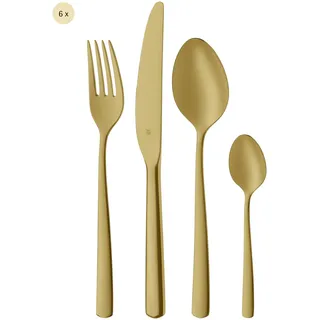 Besteck-Set WMF "Boston in edler Optik, ergonomische Haptik, Messer mit Wellenschliff", champagner gold, 24 tlg., Cromargan Edelstahl Rostfrei 18/10, Essbesteck-Sets, optimale Schärfe, rostfrei, edel, hochwertiger Besteckkasten