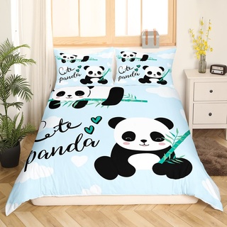 Niedliches Panda-Bettwäsche-Set, Karikatur Panda Bettwäsche Kinder 155x220 cm Mädchen Jungen Tiermotiv Bettbezug Kawaii Tier Panda Bambus Bettwäsche Blau, 1 Bettbezug mit 1 Kissenbezug 80x80cm