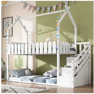 Celya Kinderbett Etagenbett Massivholzbett 90 x 200 cm, Bettgestell Kinder Bett mit 3 Treppe, mit 2 Schubladen, mit Zaun, Weiß weiß