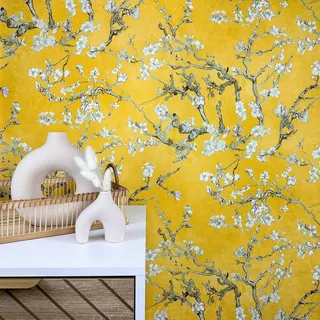 WALLCOVER Tapete Blumen Gelb Van Gogh Floral Mandelblüte Blüte Vintage für Schlafzimmer Küche Wohnzimmer