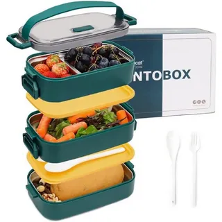 luxuskollektion Bento Box Edelstahl 1700ml Grün Mit Fächern Und Besteckset