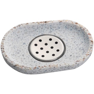 IMEEA Terrazzo Seifenschale mit Edelstahl Ablauf Beige Seifenhalter Natürliche Stein Seifenablage für Bad Waschbecken Küche