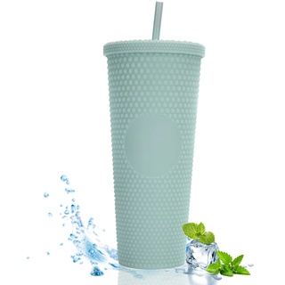XQZMD 710ml Nietenbecher mit Deckel und Strohhalm, Wiederverwendbar oppelwandiger Reisebecher aus Kunststoff für Eiskaffeegetränke, Wassermatsch oder Smoothies (Grün)