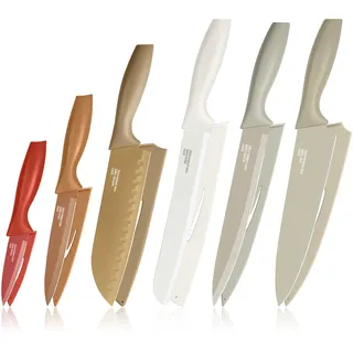 Homikit Küchenmesser Set, Edelstahl 6-tlg Messer mit Schutzhülle, Bunt | Scharfes Messerset mit Kochmesser Fleischmesser Brotmesser Allzweckmesser Schälmesser Santokumesser, Antihaft, Rostfrei