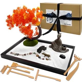LuXianYS Zen Garten Set, 12x8 Zoll Mini Meditation Rock und Sand Garten, Premium Japanisches Steine Garden Miniatur Geschenk Set, Zen-Ornament für Haus & Büro Deko,Tisch Meditation