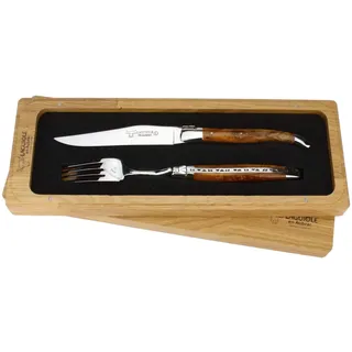 en Aubrac - 1 Laguiole Steakmesser und 1 Gabel Besteck-Set - Griff Teak-Maserholz - Original Frankreich mit Zertifikat