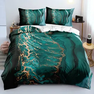 Luofanfei Bettwäsche 155x220 cm Set Grün Gold 3D Abstracte Motiv Bettwäsche Set Marmor Optik Muster Aesthetic Microfaser Luxus Moderne Gedruckt Bettbezug Set 155 220 Einzelbett mit Reißverschluss