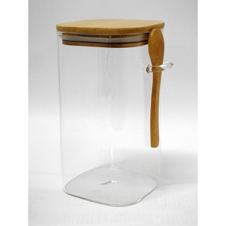 Zellerfeld 1000ml Vorratsdose mit Luftdichtem Verschluss Bambusdeckel Behälter Glas mit Löffel Eckig