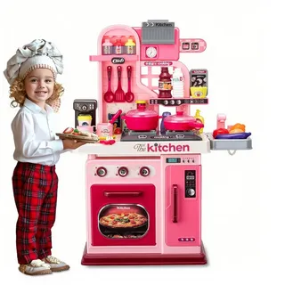 CLTYQ Spielküche Kinderküchen-Spielset, 53-teilig, Herd, Spüle, Ofen Küchenspielzeug, Küchenspielzeug mit realistischen Lichtern und Geräuschen rosa