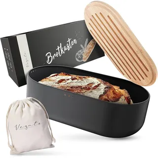 Vezato Brotkasten Brotbox – Nachhaltiger Brotkasten für lange Frische, Bambus, Metall, (Set, mit Tragetasche), 3 Luftlöcher für 360° Luftzirkulation schwarz