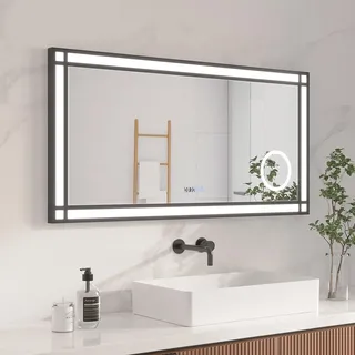 AQUABATOS LED Badspiegel mit Beleuchtung und Uhr 120x60 cm Fensteroptik Fensterspiegel Lichtspiegel Aluminium Schwarzer Rahmen Dimmbare Kaltweiß Beschlagfrei Schminkspiegel 3-Fach Vergrößerung