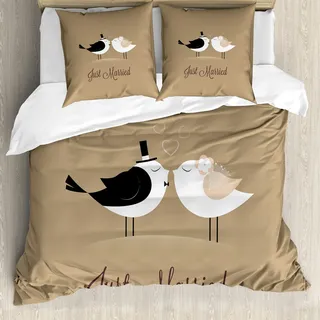 ABAKUHAUS Hochzeit Bettbezug Set für Einzelbetten, Just Married Vögel Kuss, Milbensicher Allergiker geeignet mit Kissenbezug, 200 cm x 200 cm - 80 x 80 cm, Mehrfarbig