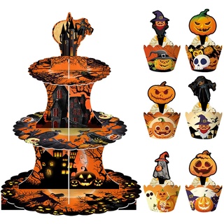 Halloween-Cupcake-Ständer aus Karton, 3 Etagen, mit 12 Kuchendekorationen und -verpackungen, Halloween-Cupcake-Turm, Halloween-Heim-Party-Dekorationen