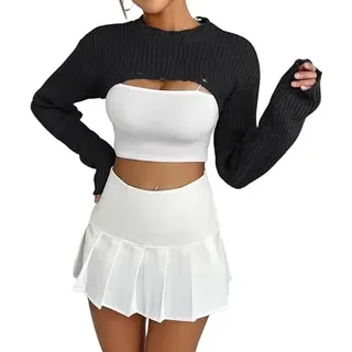 KUUFUUT Damen Häkel Crop Tops Shrug Rundhalspullover Langarm Schulteroberteile Strick Lässig Locker Kurz Geschnittenes Pullover Sweatshirt Y2K Outfits Schwarz XL - XL