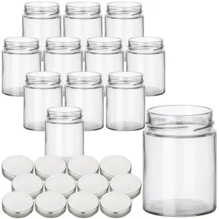 gouveo 12er Set Einmachgläser/Vorratsgläser 280 ml (0,28 l) Einmachglas 280 ml Klassik Twist-Off Schraubdeckel Metall silberfarben Klarglas Marmeladenglas klein zum Abfüllen & Aufbewahren (EGC280S)