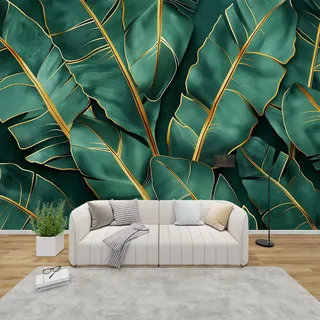 PaxGloz Fototapete Bananenblätter Grün Gold Tapete Tropische Blätter Tapeten Vliestapete Modern Wandtapete Wohnzimmer Schlafzimmer Kinderzimmer Wanddeko Motivtapeten 500 x 350 cm (B x H)
