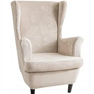 Domidekor Ohrensessel Überzug – Sesselschoner Beige mit Palmenblättern – Sesselbezug Stretch – Strandmon Sessel Bezug – Sesselhusse Elastisch Velour Schmutzabweisend – Oeko-Tex 100