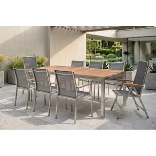 STERN Cardiff Garten-Essgruppe, silber/silbergrau, Edelstahl/Teak, Tisch 200 x 100 cm, 6 Stapel-, 2 Klappstühle