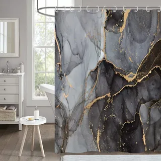 Hnmdmyi Duschvorhang Marmor Optik 150x180, Schwarz und Grau Glitzer Duschvorhänge Gold Riss Abstrakt Modern Luxus Kunst Dekorative Badewanne Vorhang Wasserdicht Polyester Stoff Waschbar Badevorhang