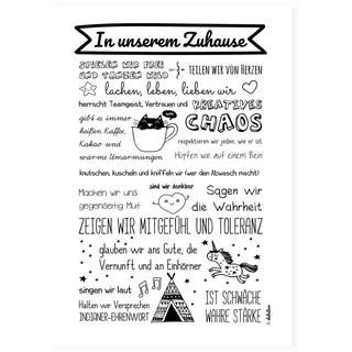 Poster für Kinderzimmer: Unser Zuhause/Familie: Spruch (DIN A3, schwarz-weiß, Familienregeln, Einhorn)