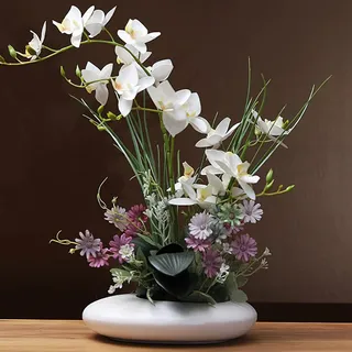 SYDDOL 45CM Künstliche Orchideen im Topf, dekorativer Orchideen-Bonsai mit Real-Touch-Technologie, künstliche/falsche Orchideen, die echt Aussehen, für Tischdekorationen(Weiße Blume + Weißer Topf)