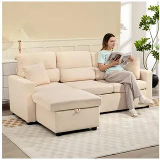 HOMCOM Ecksofa L-Form Sofa, Schlafsofa mit Bettkasten, Kissen, Ecksofa 1 Teile, mit Stauraum, Beige beige