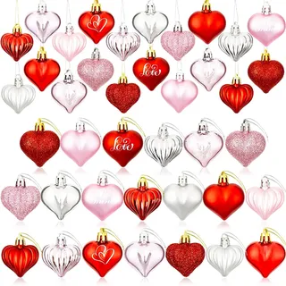 OuMuaMua Valentinstag Dekorationen Herzförmige Ornamente, 50 Stück Rot Rosa Rose Gold Weiß Kunststoff Hängende Kugeln Baumkugel Herz Glitzer Dekor für Zuhause Party Dekorationen Geschenk