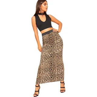 WearAll - Damen Multi Druck Elastische Hoch Taille Strecke Maxi Lang Rock Damen Neu - Braun Leopard - 44-46 - 44-46